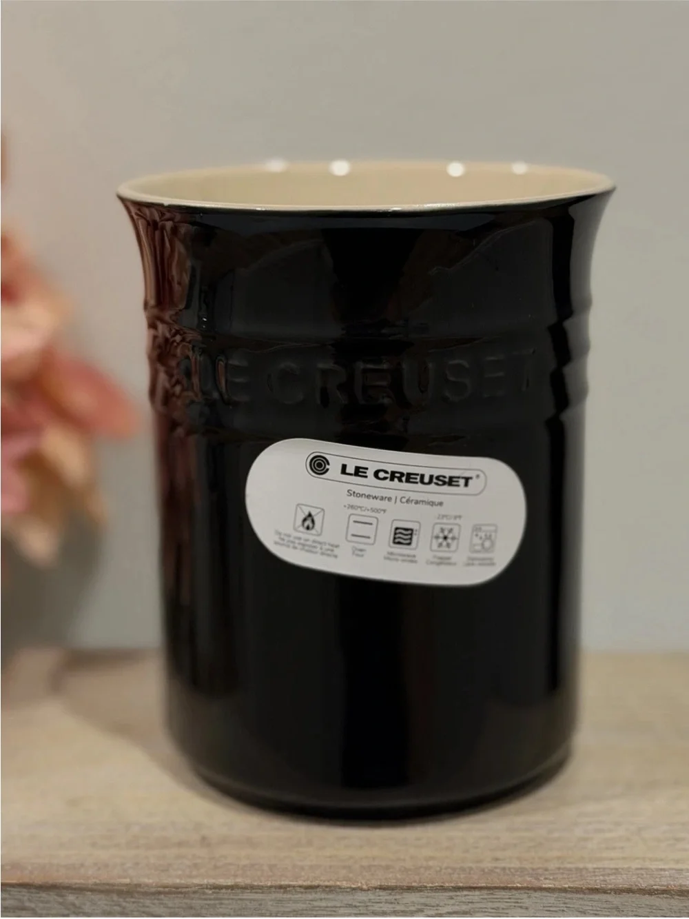 Le Creuset Shiny Black Onyx Utensil Crock Stoneware 1l Holder Vase 5.75h NWT